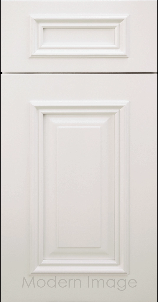 Heritage custom cabinets in a Dove White finish with classic raised panel doors and modern flat slab drawers.